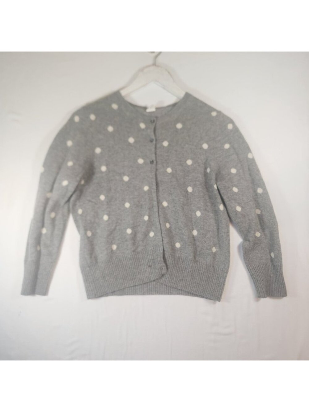 J.Crew Cashmere Polka Dot Cardigan Sweater Gray White Button Front L